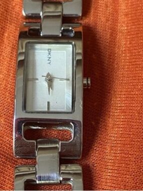 DKNY Tank Silver Tone Link Bracelet Watch with Ivory Dial